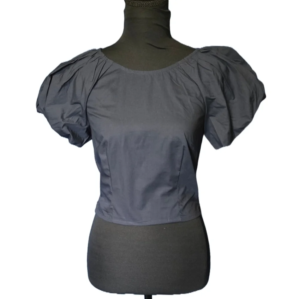 J.Crew Navy Puff Sleeve Crop Top Size 0 Fitted Peasant Romantic Coquette NWT